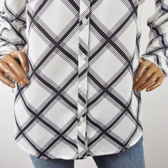 EXPRESS Top L Button Down Blouse White/Black Shirt Checks Roll Tab Long Sleeves - Picture 5 of 12